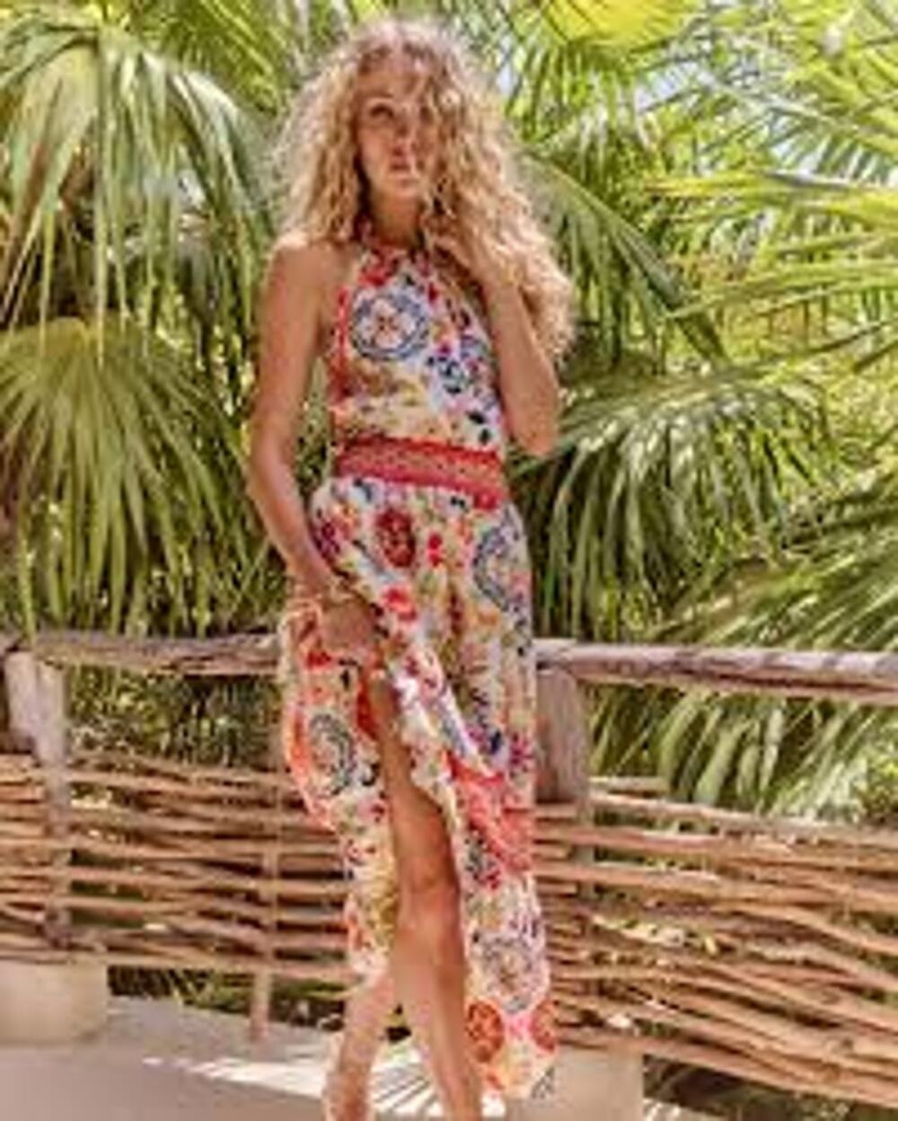 Ramy Brook	Delia Halter Midi dress in White Maya Combo M NWT Resort Wear Coastal